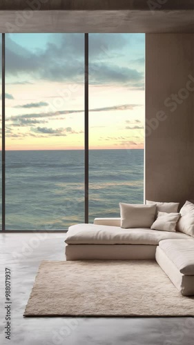 Luxury living room with beautiful views of the sea, vertical 4K wallpaper for mobile devices, looped endless background animation photo