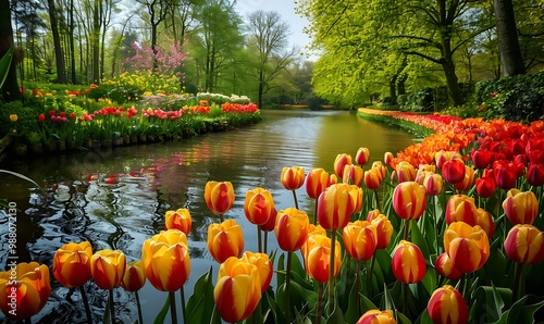 Colorful tulip flowers blooming in the garden at sunset.