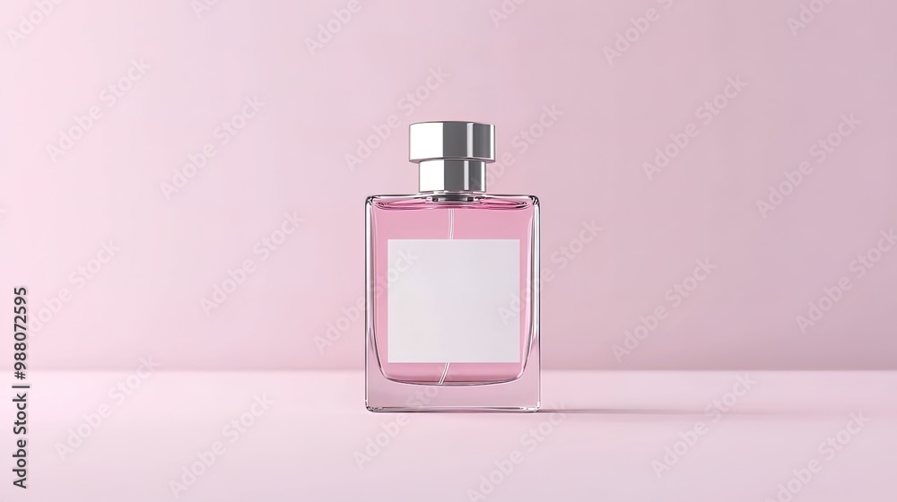 A Glass Bottle of Perfume with a Blank Label on a Pink Background A Glass Bottle of Perfume with a Blank Label on a Pink Background