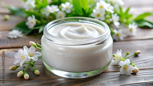 Luxurious moisturizer in a glass jar surrounded by delicate flowers for a refreshing skincare ritual