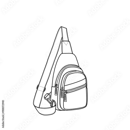 Small sling bag for women cross body sling chest bag for travel line art. Outline vector doodle illustration front and side view. Isolated on a white background