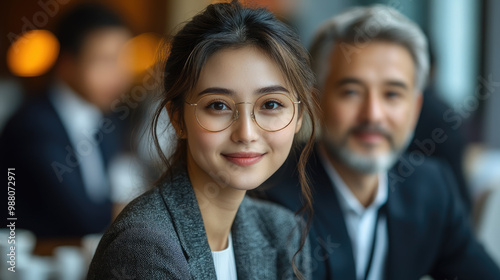 Chinese female translator interpreting dialogue between businessmen at conference, Asian woman, simultaneous interpreter, translation, foreign language, business in China, young beautiful girl photo