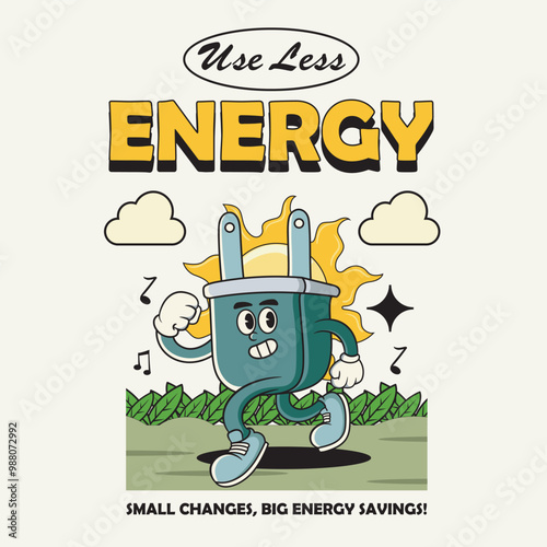 Earth Day Save Energy Go Green Cute Funny Vintage Retro 60s 70s Cartoon Character Mascot Vector Illustration in Groovy Psychedelic Style
