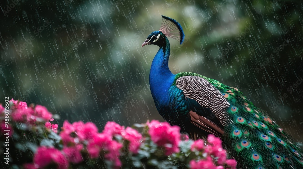 A vibrant peacock stands amidst pink flowers in a rain-drenched setting. A vibrant peacock stands amidst pink flowers in a rain-drenched setting.