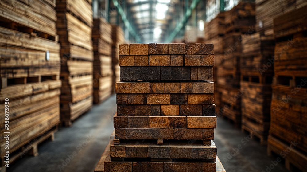 Sunlit stacks of wooden planks neatly arranged, symbolizing order, industry, and craftsmanship. The repetition and natural texture convey strength, durability, and the timeless beauty of wood in const Sunlit stacks of wooden planks neatly arranged, symbolizing order, industry, and craftsmanship. The repetition and natural texture convey strength, durability, and the timeless beauty of wood in const