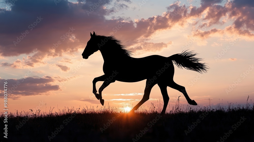 A silhouette of a horse galloping against a vibrant sunset sky. A silhouette of a horse galloping against a vibrant sunset sky.