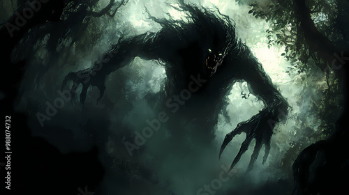 A hulking, shadowy figure with glinting claws and piercing eyes, emerging ominously from the twisted foliage of a dark forest. Djinn. Illustration
