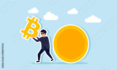 A thief stealing the bitcoin symbol from a coin, illustration of fraud or deception occurring in bitcoin stocks