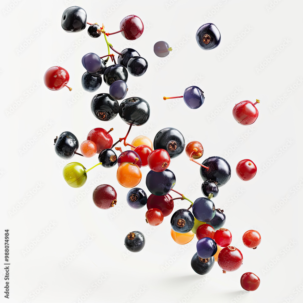 Close-Up of Falling Berries with Soft Lighting Against a Plain White Background Close-Up of Falling Berries with Soft Lighting Against a Plain White Background