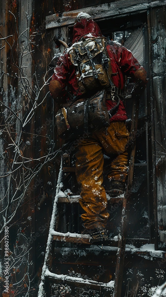 Man Climbing Ladder in Snowy Cabin Man Climbing Ladder in Snowy Cabin