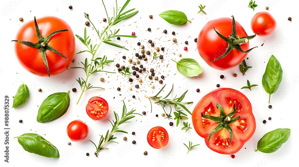 fresh tomato, herbs and spices isolated on white background, fresh tomato, herbs and spices isolated on white background,