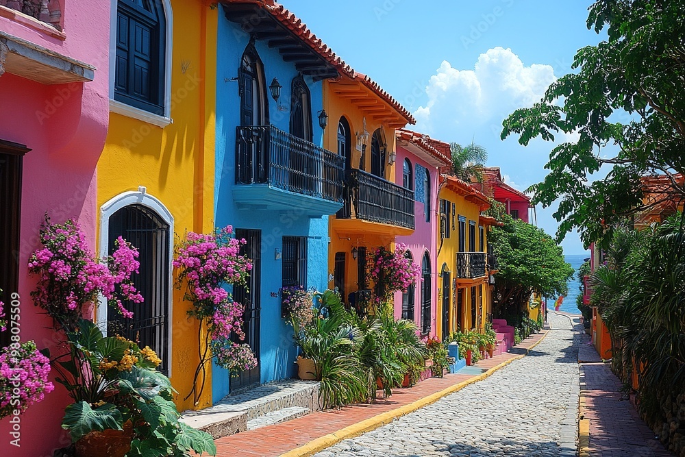 Fototapeta premium Colorful Street Scene with Lively Architecture and Vibrant Urban Atmosphere in a Bustling City