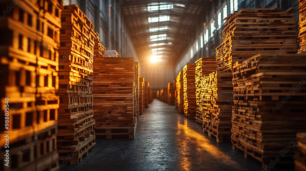 wooden planks neatly arranged, symbolizing order, industry, and craftsmanship. The repetition and natural texture convey strength, durability, and the timeless beauty of wood in construction