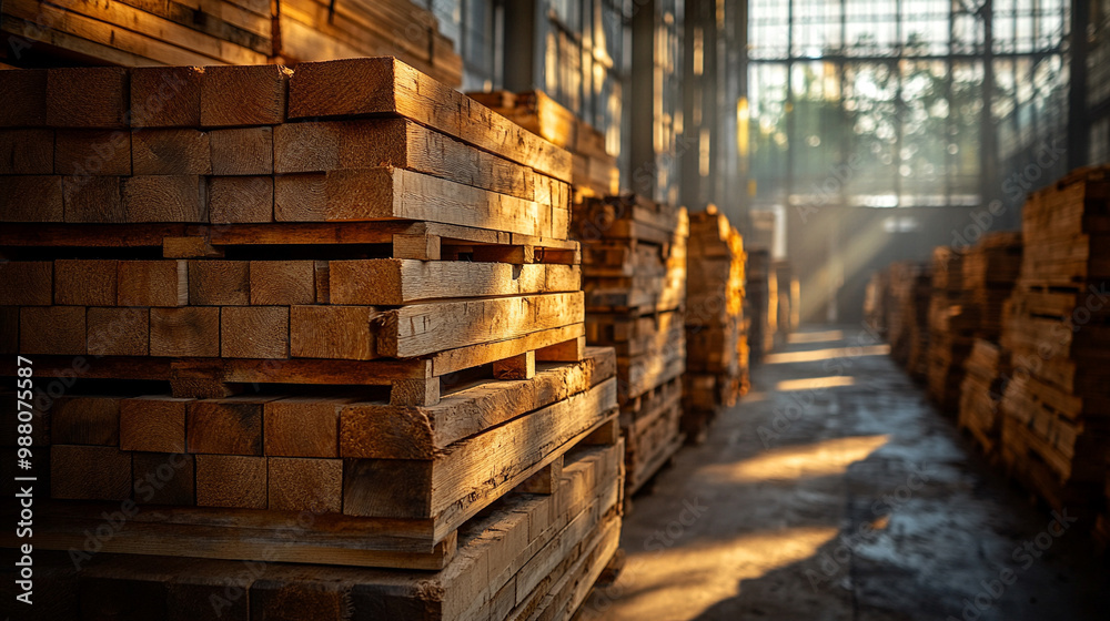 wooden planks neatly arranged, symbolizing order, industry, and craftsmanship. The repetition and natural texture convey strength, durability, and the timeless beauty of wood in construction