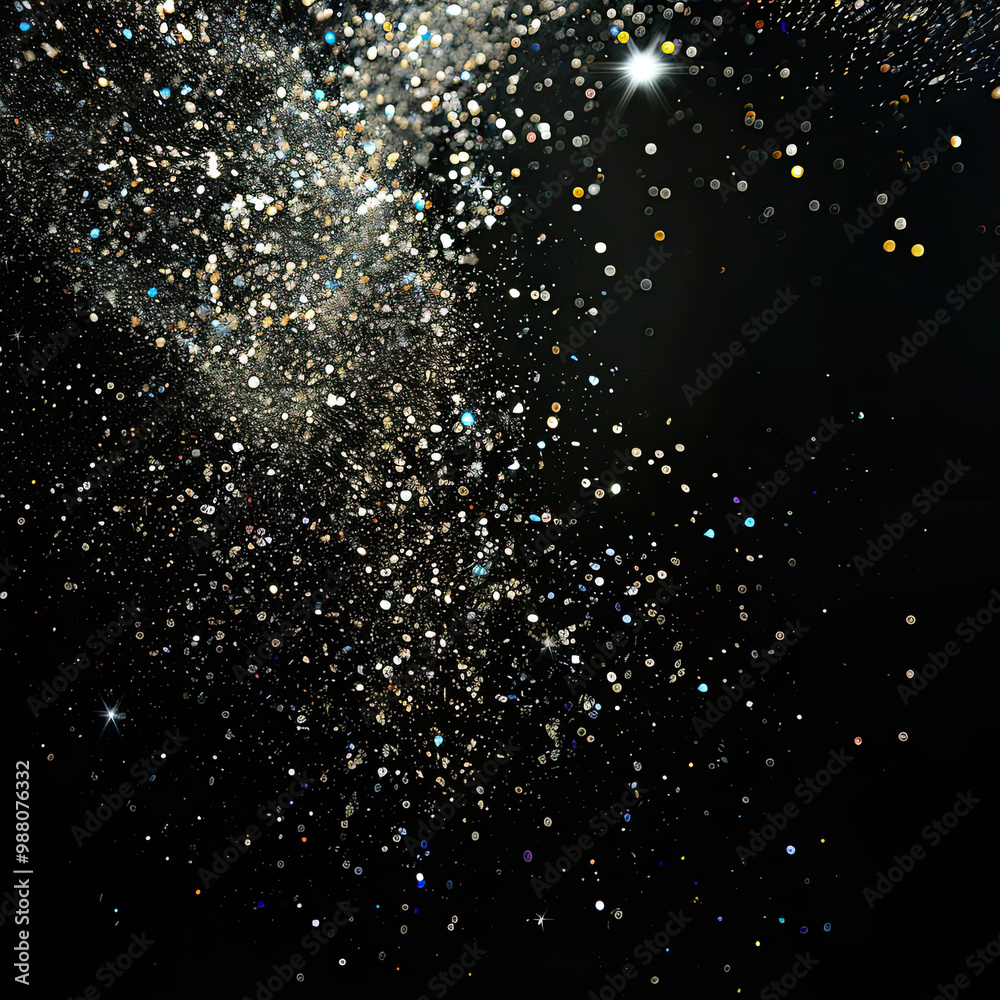 Floating Glitter in Mid-Air, Shimmering in Silver and Gold Against a Black Background