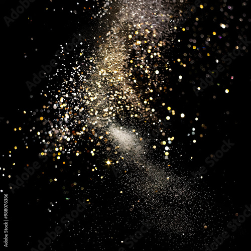 Silver and Gold Glitter Sparkling as It Falls Against a Deep Black Backdrop