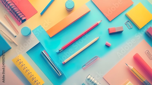 Colorful Stationery Supplies on Blue Background