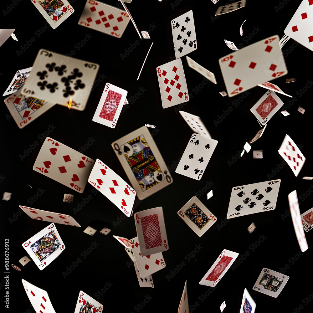 Falling Playing Cards with Various Suits and Designs on Black Background