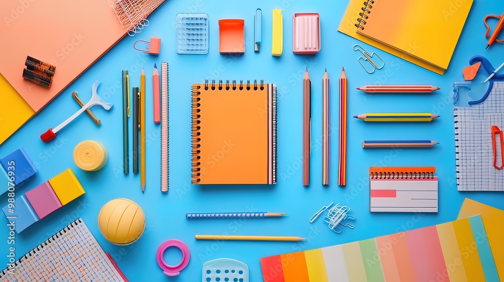 Colorful Back to School Supplies on Blue Background Colorful Back to School Supplies on Blue Background