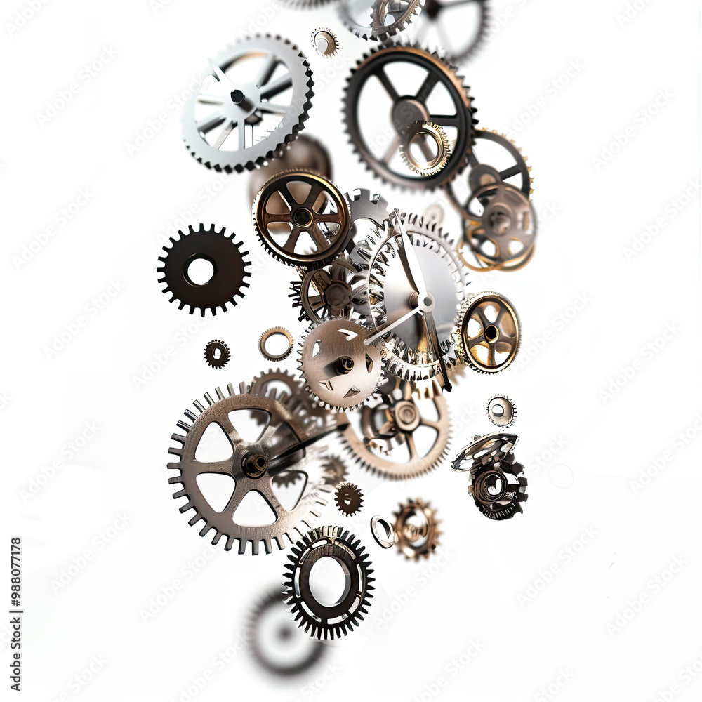 Small Clock Gears and Cogs Suspended in Mid-Fall with Bright Lighting Small Clock Gears and Cogs Suspended in Mid-Fall with Bright Lighting
