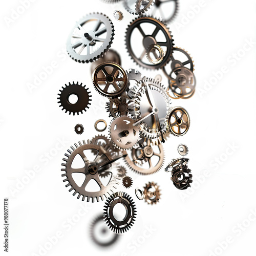 Small Clock Gears and Cogs Suspended in Mid-Fall with Bright Lighting