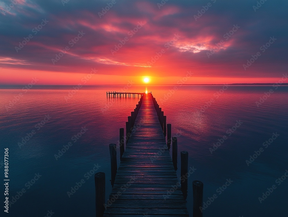 Fototapeta premium Serene Dark Sunrise Illuminated by Soft Light Reflecting Over Calm Water and Silhouetted Landscape