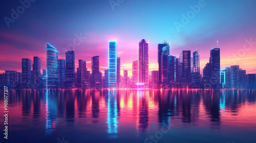 futuristic urban cityscape featuring sleek modern architecture illuminated by vibrant neon lights. The spacious design evokes a sense of innovation, progress, and limitless possibilities in the city e