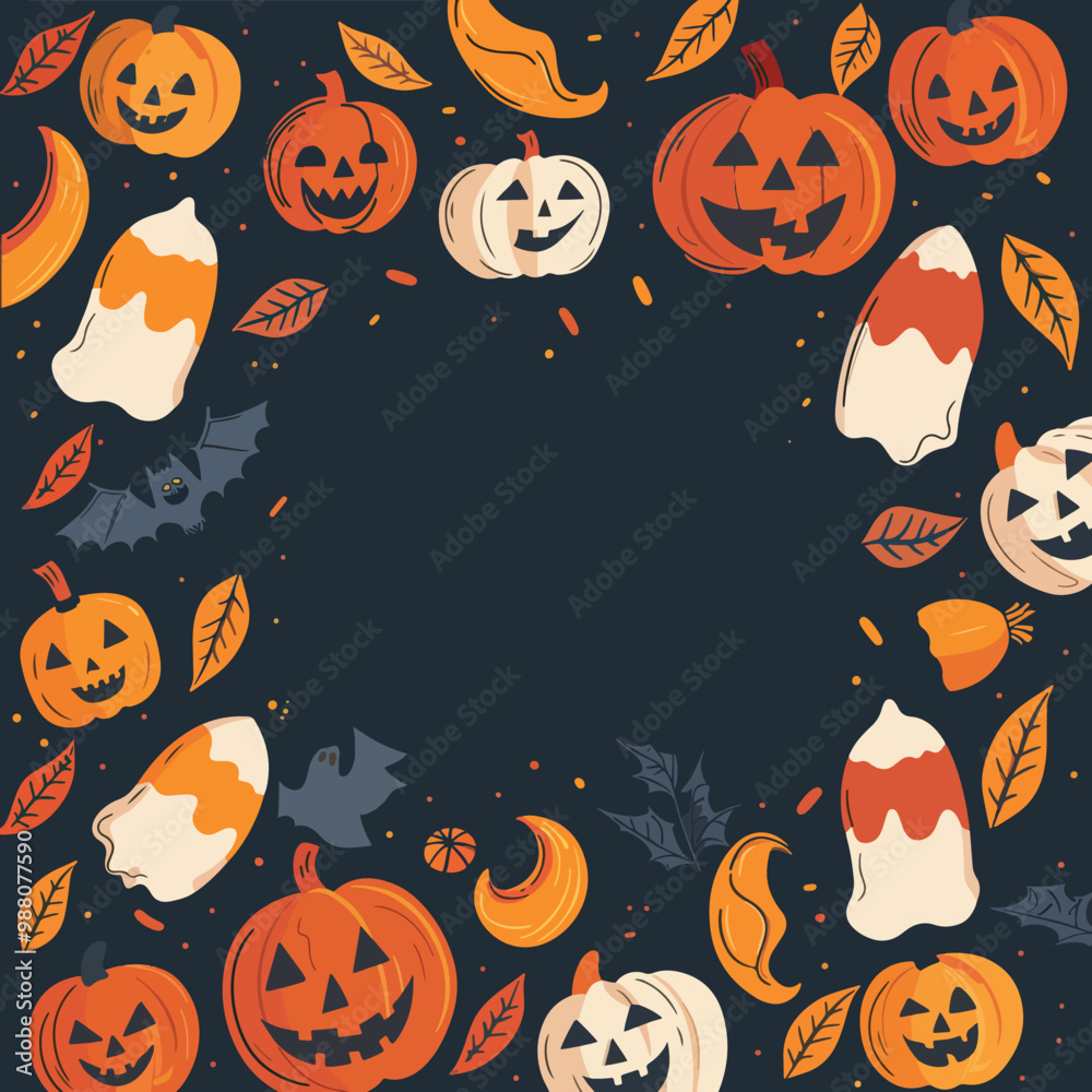 Flat lay Vector Illustration hand drawn flat halloween frame template, Happy Halloween
Flat lay Vector Illustration hand drawn flat halloween frame template, Happy Halloween