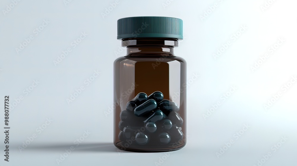 Glass Bottle Filled with Black Capsules Glass Bottle Filled with Black Capsules