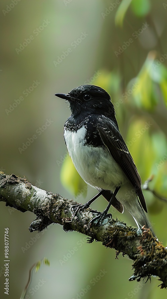 Naklejka premium Black and White Bird Perched on a Branch in a Green Forest