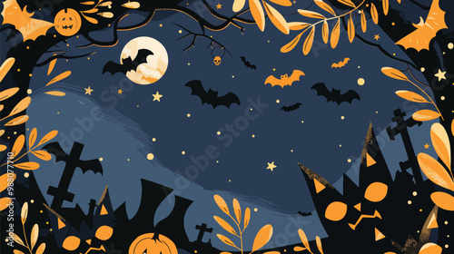 Flat lay Vector Illustration hand drawn flat halloween frame template, Happy Halloween
