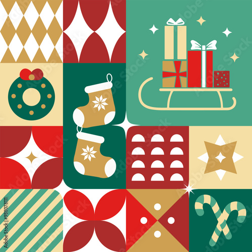 Holy Christmas seamless pattern in scandinavian style postcard with Retro clean concept design