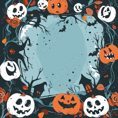 Flat lay Vector Illustration hand drawn flat halloween frame template, Happy Halloween
