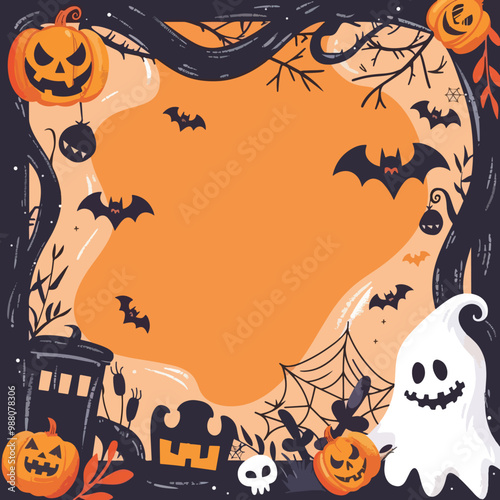 Flat lay Vector Illustration hand drawn flat halloween frame template, Happy Halloween
