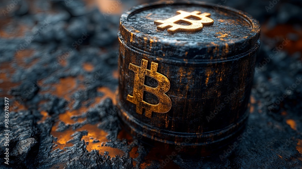 Bitcoin Barrel on Textured Surface with Glowing Effect