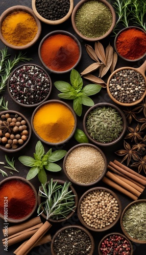 spices selection herbs  spice herb background seasoning closeup kitchen green white high-coloured red aroma aphrodisiac favor copy space eatery aromatic different spoon receipe macro season seed