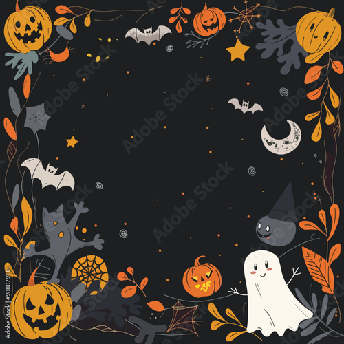 Flat lay Vector Illustration hand drawn flat halloween frame template, Happy Halloween