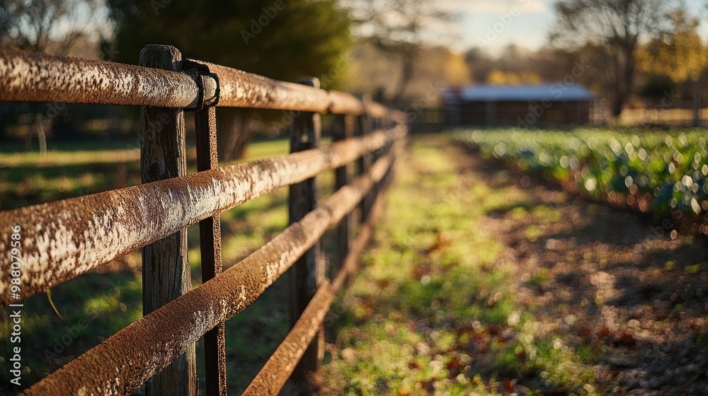 A rustic wooden fence lines a field with crops under a warm, golden light. A rustic wooden fence lines a field with crops under a warm, golden light.