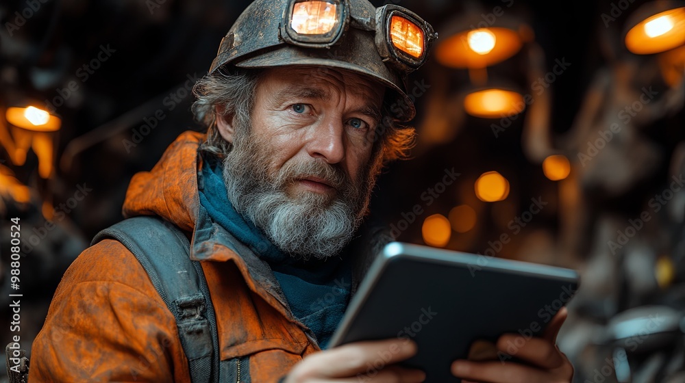 Miner with Tablet in Underground Cave Environment Miner with Tablet in Underground Cave Environment