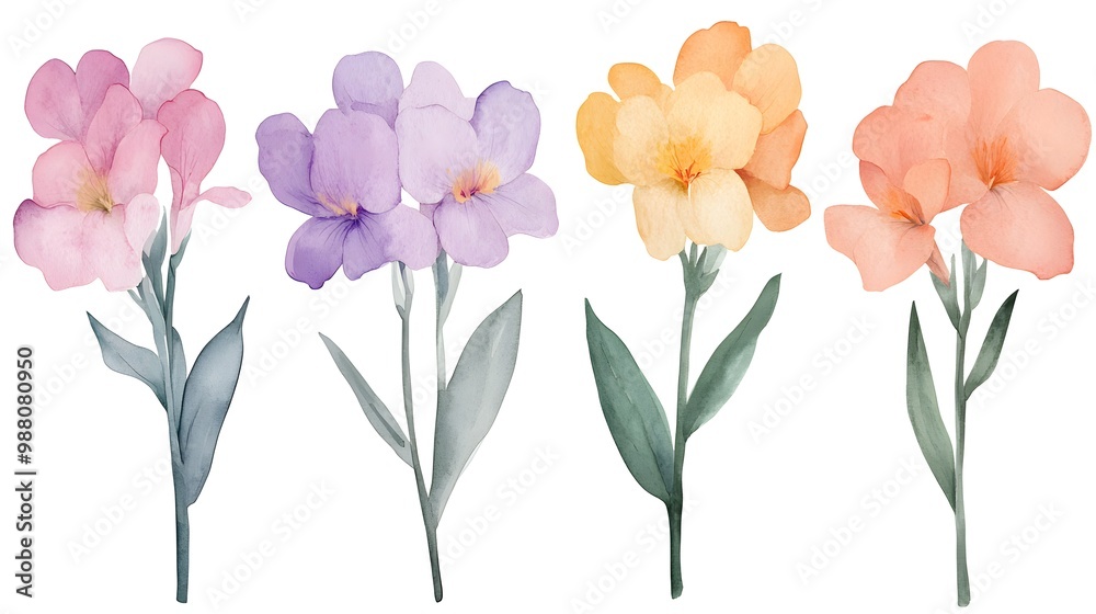 Fototapeta premium Watercolor freesia clipart with fragrant blooms in various colors, Generative AI