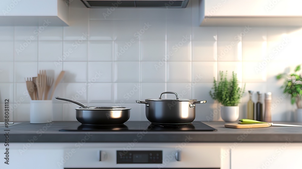 Kitchen Interior with Pots and Pan on a Stovetop Kitchen Interior with Pots and Pan on a Stovetop
