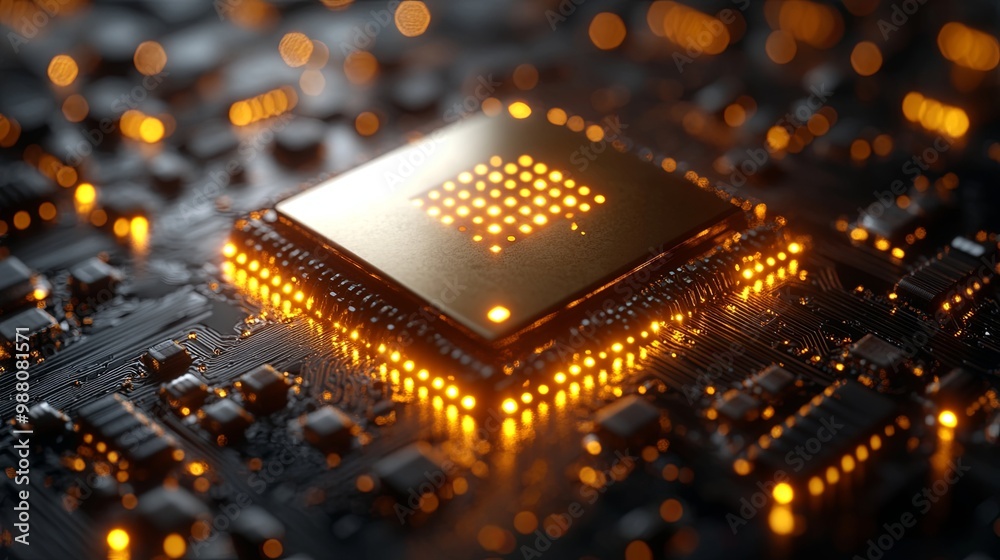 Golden Microchip on Dark Circuit Board Background Golden Microchip on Dark Circuit Board Background