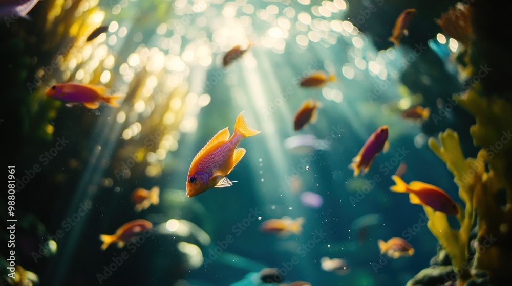 A vibrant underwater scene showcasing colorful fish swimming among aquatic plants. A vibrant underwater scene showcasing colorful fish swimming among aquatic plants.