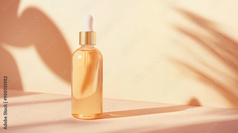Naklejka premium Golden Serum Bottle with Palm Shadow.