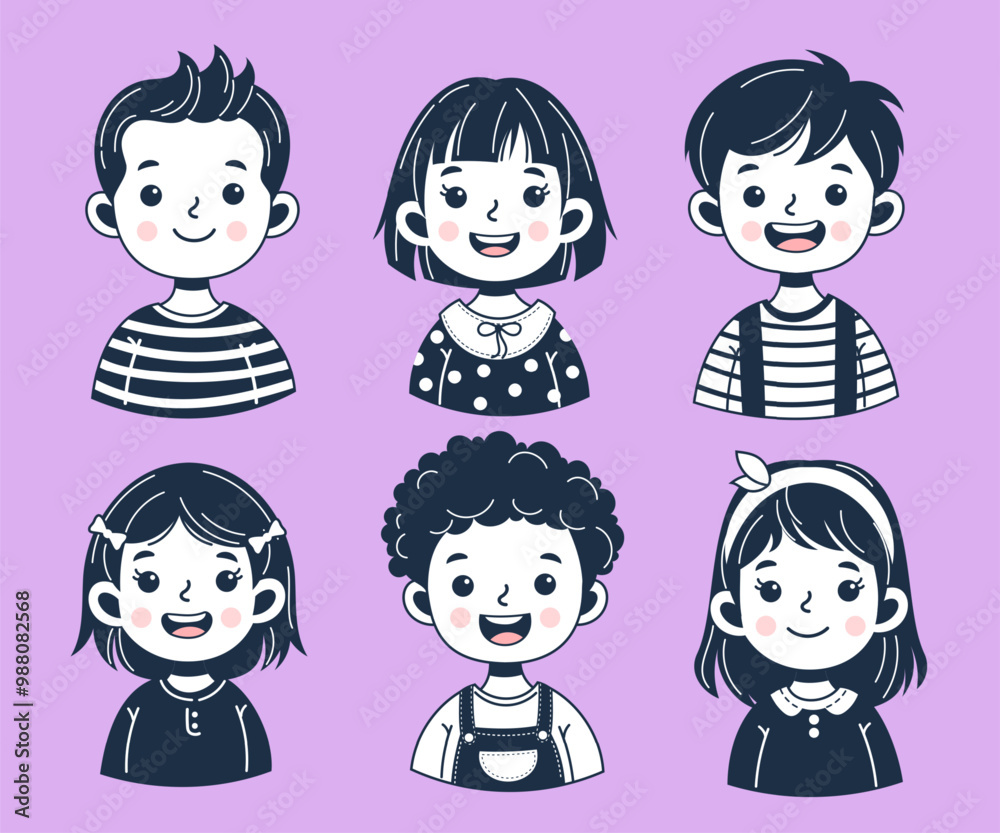 Avatars collection of children outline. Cute faces of different nationalities boys and girls Avatars collection of children outline. Cute faces of different nationalities boys and girls