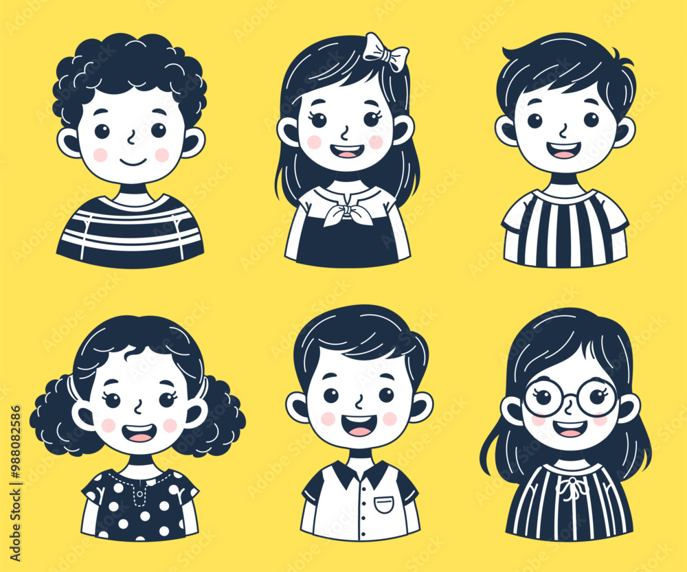 The faces of cute children outline unique hairstyles and costumes representing different races and cultures The faces of cute children outline unique hairstyles and costumes representing different races and cultures