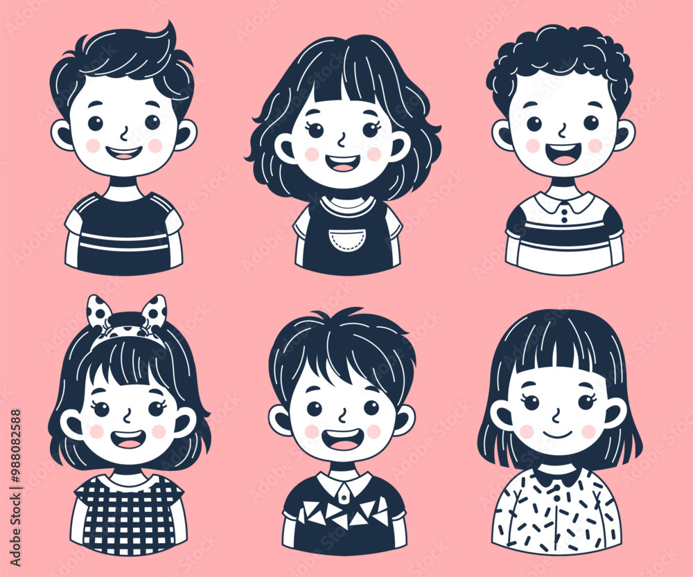 Collection of happy and cheerful children outline. Cute faces of different nationalities boys and girls Collection of happy and cheerful children outline. Cute faces of different nationalities boys and girls