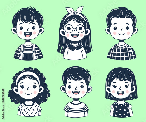 Collection avatars of children outline. Cute faces of different nationalities boys and girls