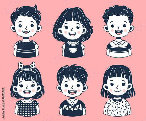 Collection of happy and cheerful children outline. Cute faces of different nationalities boys and girls