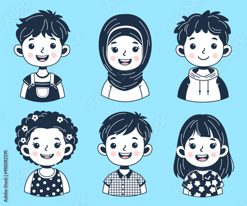 Collection of avatars featuring cheerful children outline. Cute faces of different nationalities boys and girls